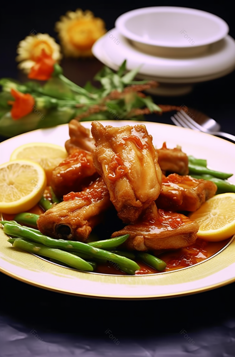 色香味俱全的香橙柠檬排骨豆角花摆拍摄影,高清,摄影图,摄影图片,图片大全,摄影图免费下载